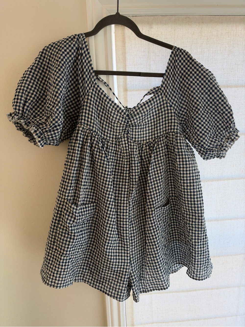vestique Navy and White Gingham Puff-Sleeve Romper